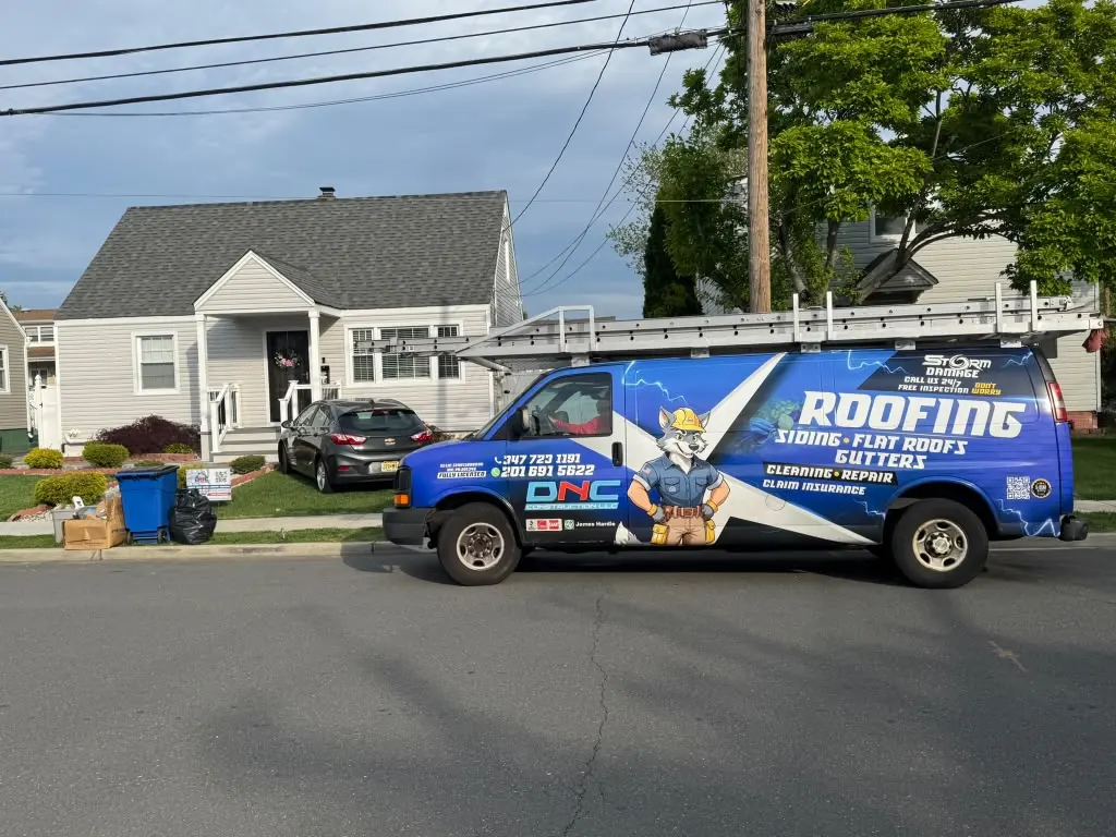 DNC Construction LLC work truck at a roofing project in New Jersey