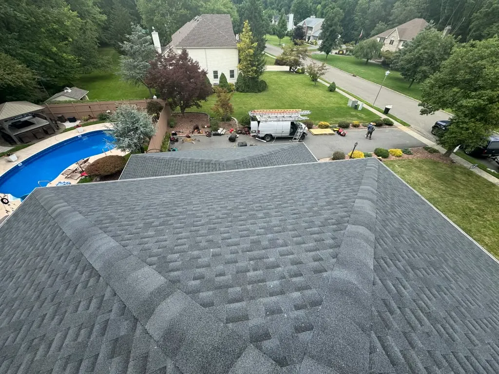 Water stain from a roof leak on a ceiling in New Jersey