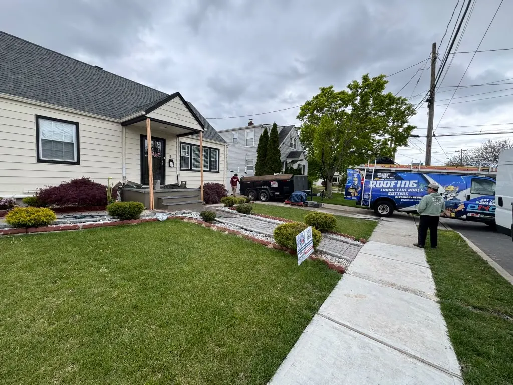 Vinyl siding panels and trim on a New Jersey home
